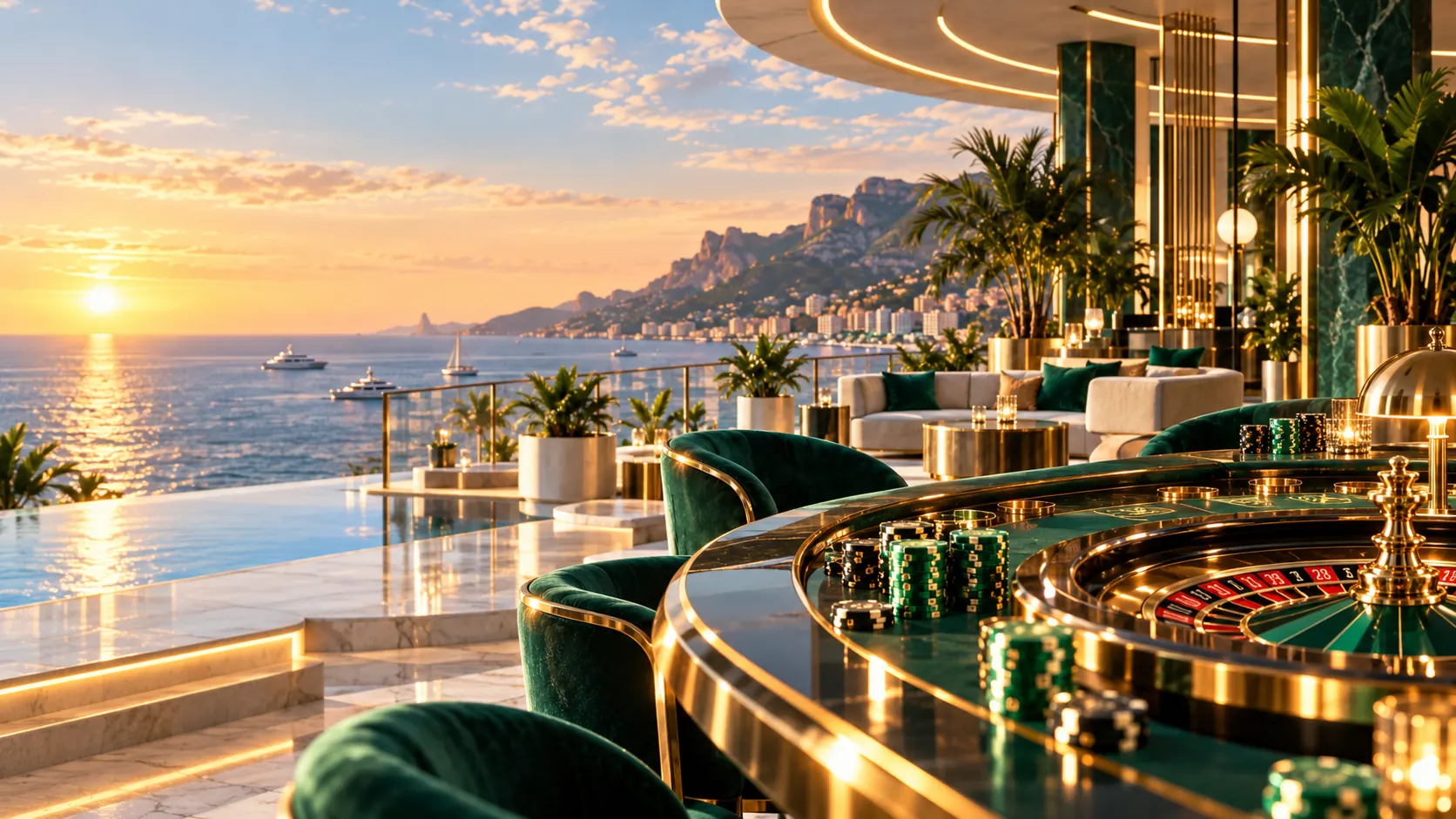Casino contemporáneo en una terraza luminosa frente al mar